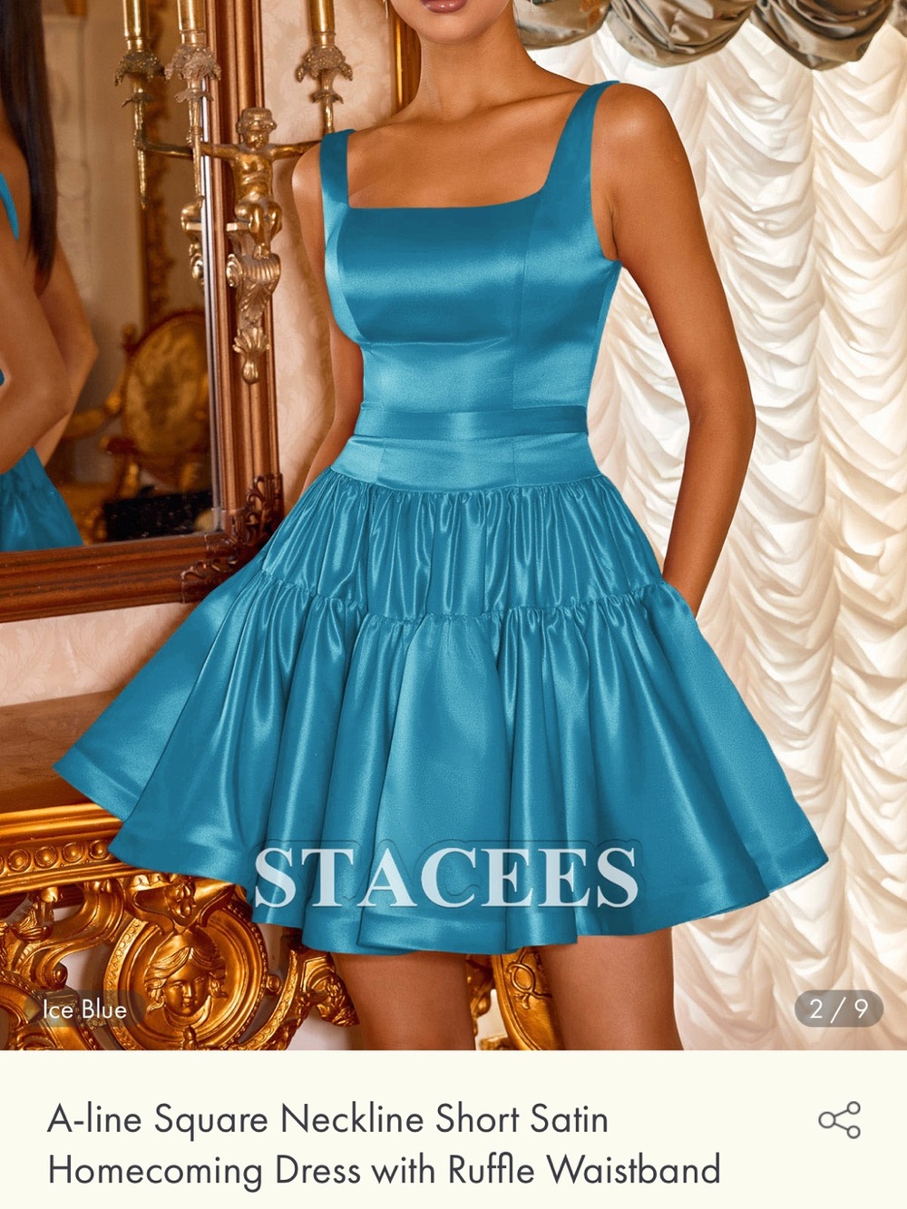 Stacees Ice Blue Satin A-Line Mini Dress with Square Neck